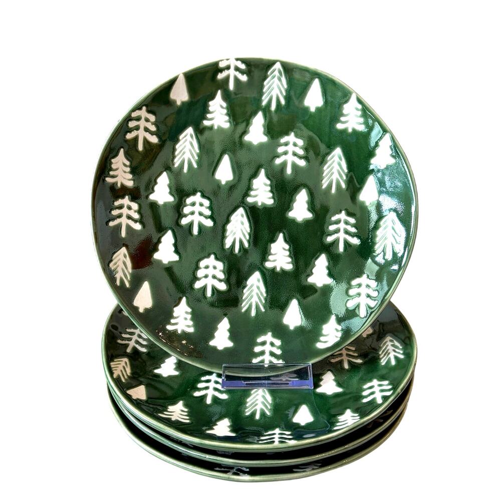 Eli + Ana Christmas Pine Tree Salad Plates 8.5" Green White Ceramic Set of 4 NEW